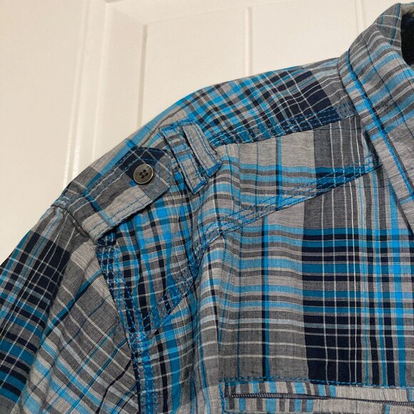 PROJEK RAW Plus-size men's blue grey black plaid shirt ~ 2X XXL short-sleeve top - Picture 5 of 13